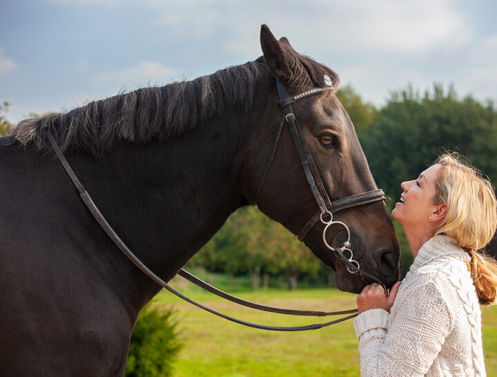 woman and horse during equine therapy